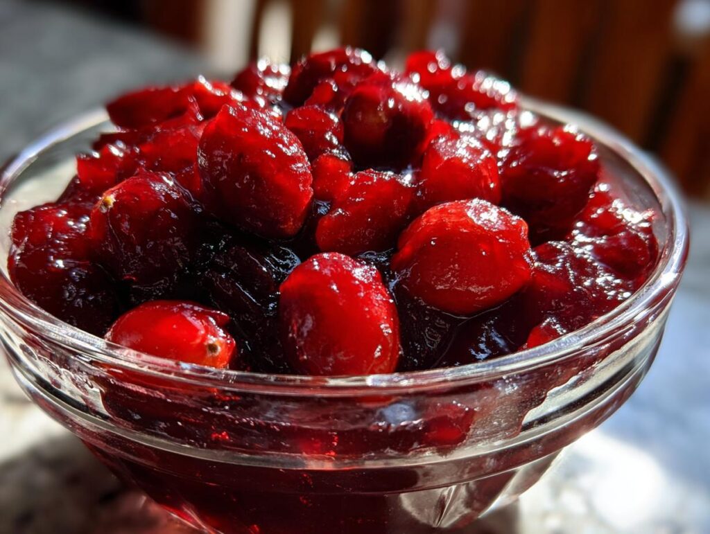 Close-up of a bowl filled with glistening Homemade Cranberry Sauce.