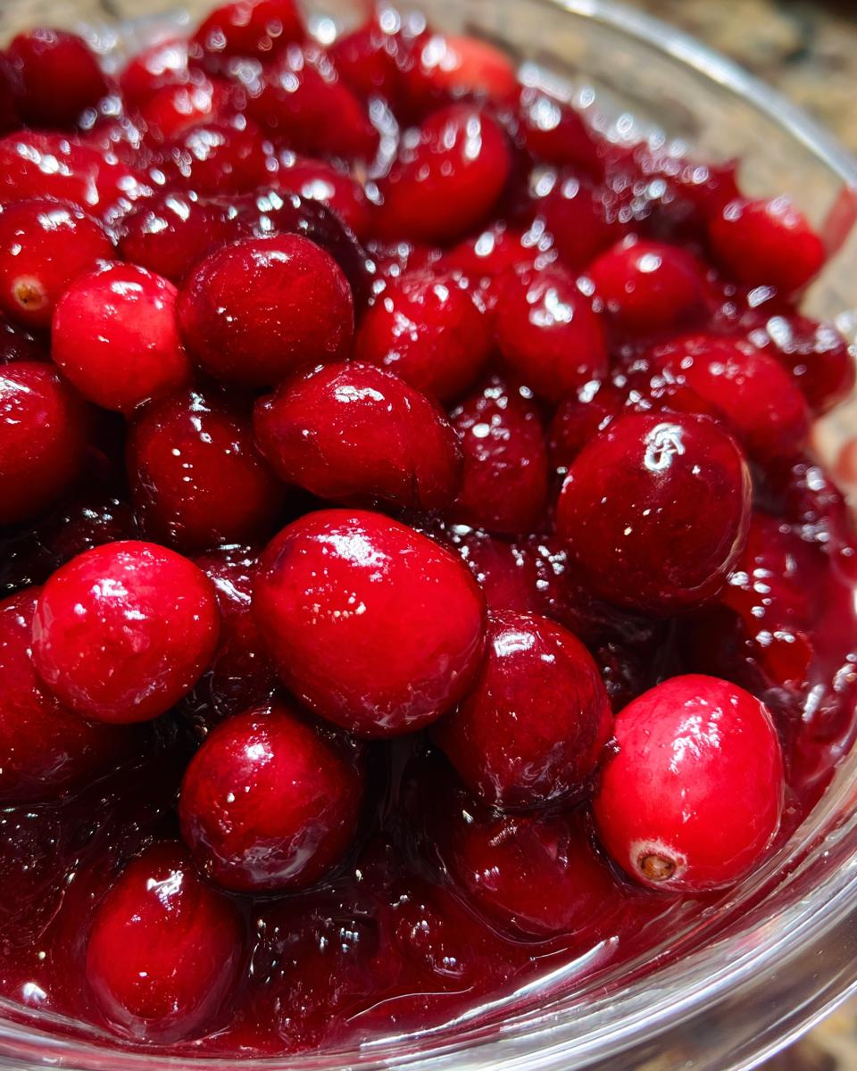 Close-up of glistening Homemade Cranberry Sauce in a glass bowl, showing the fresh cranberries.