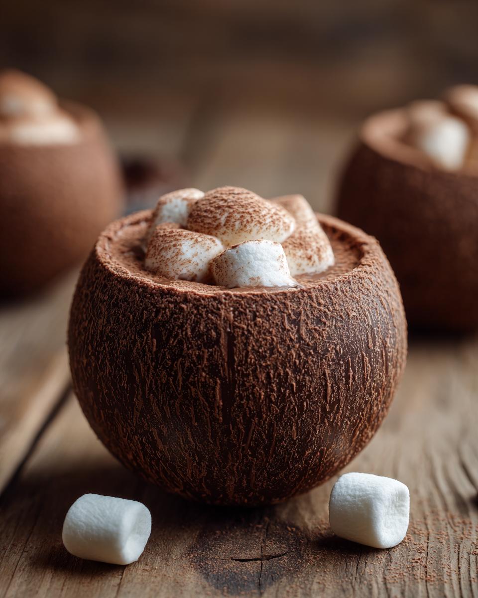 Close-up of a decadent hot chocolate bomb topped with marshmallows and cocoa powder.