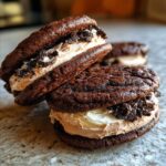 Close-up of delicious Hot Chocolate Stuffed Sandwich Cookies with creamy filling.