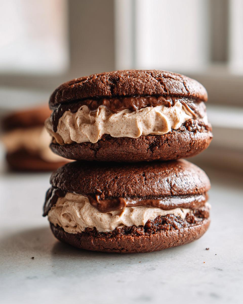 Close-up of two Hot Chocolate Stuffed Sandwich Cookies stacked on top of each other.