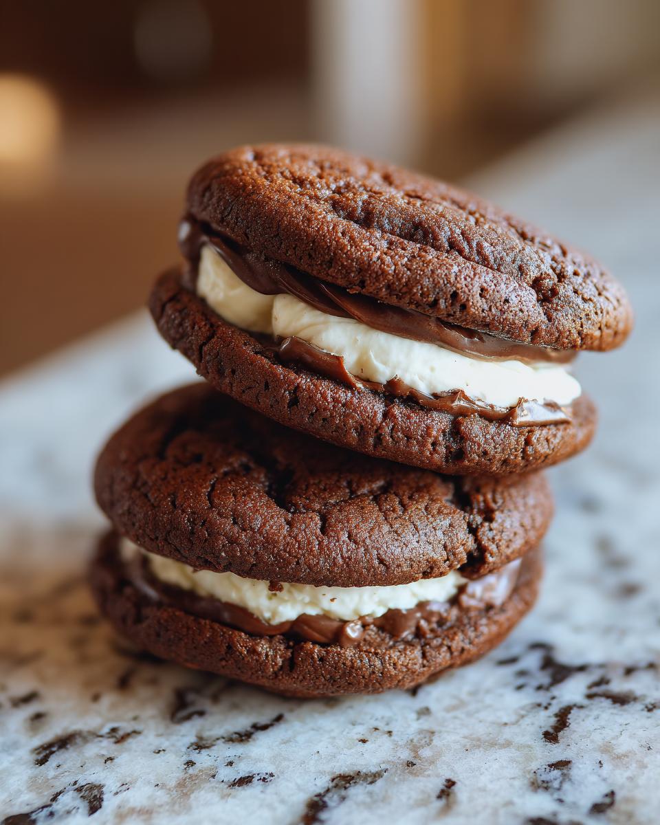 Close-up of two Hot Chocolate Stuffed Sandwich Cookies stacked on top of each other.