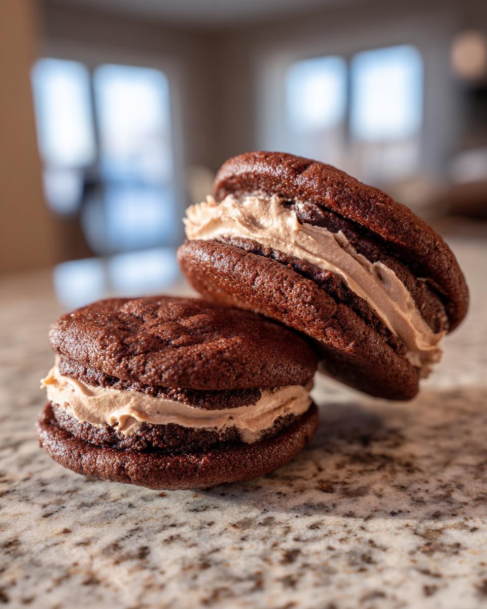 Close-up of two Hot Chocolate Stuffed Sandwich Cookies stacked on top of each other, showing the creamy filling.