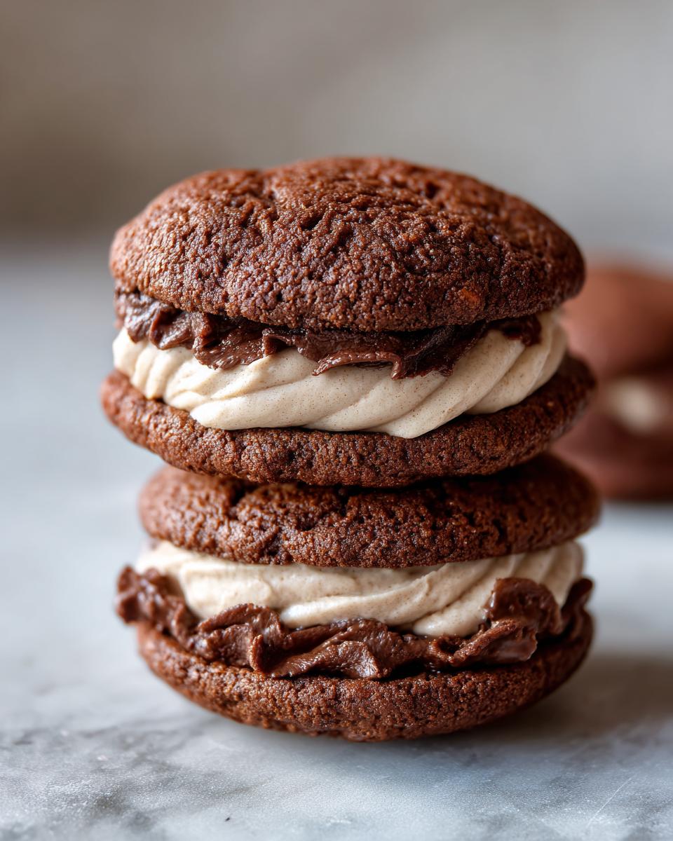 Close-up of two stacked Hot Chocolate Stuffed Sandwich Cookies with cream filling.