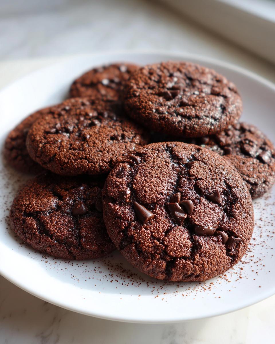 A close-up of several rich, dark Hot Cocoa Cookies sprinkled with cocoa powder and studded with chocolate chips.