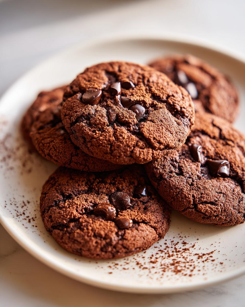 A close-up of several rich, dark Hot Cocoa Cookies piled on a white plate, dusted with cocoa powder and studded with chocolate chips.
