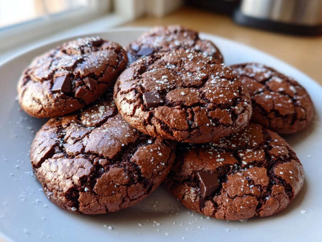 A pile of rich, dark Hot Cocoa Cookies dusted with powdered sugar and studded with chocolate chunks.
