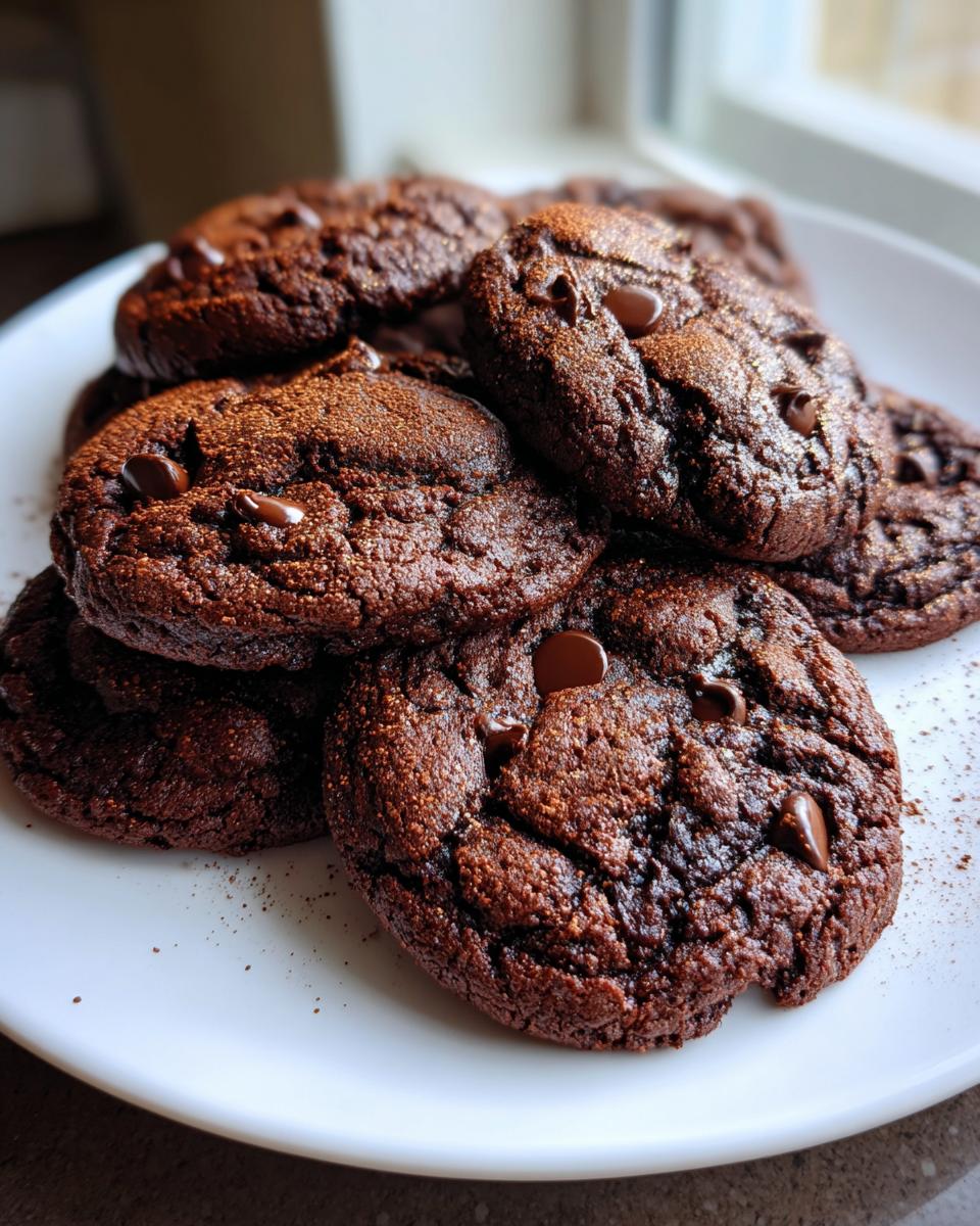 A pile of rich, dark chocolate Hot Cocoa Cookies studded with chocolate chips on a white plate.
