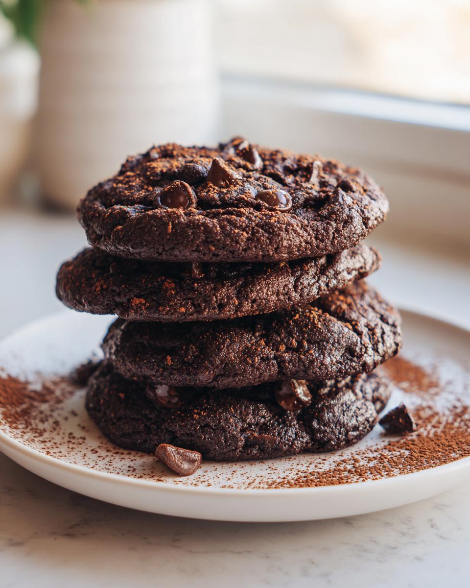 A stack of four rich, dark Hot Cocoa Cookies, generously studded with chocolate chips and dusted with cocoa powder.