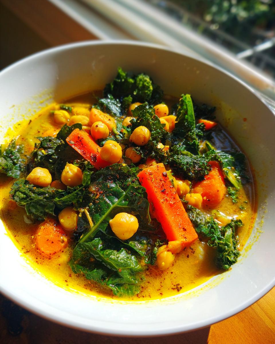 A bowl of Immune-Boosting Turmeric Veggie Soup with kale, chickpeas, and carrots.