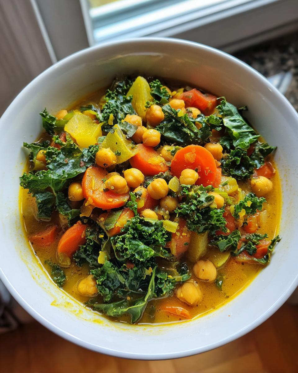 Overhead shot of a bowl of Immune-Boosting Turmeric Veggie Soup with chickpeas, kale, and carrots.