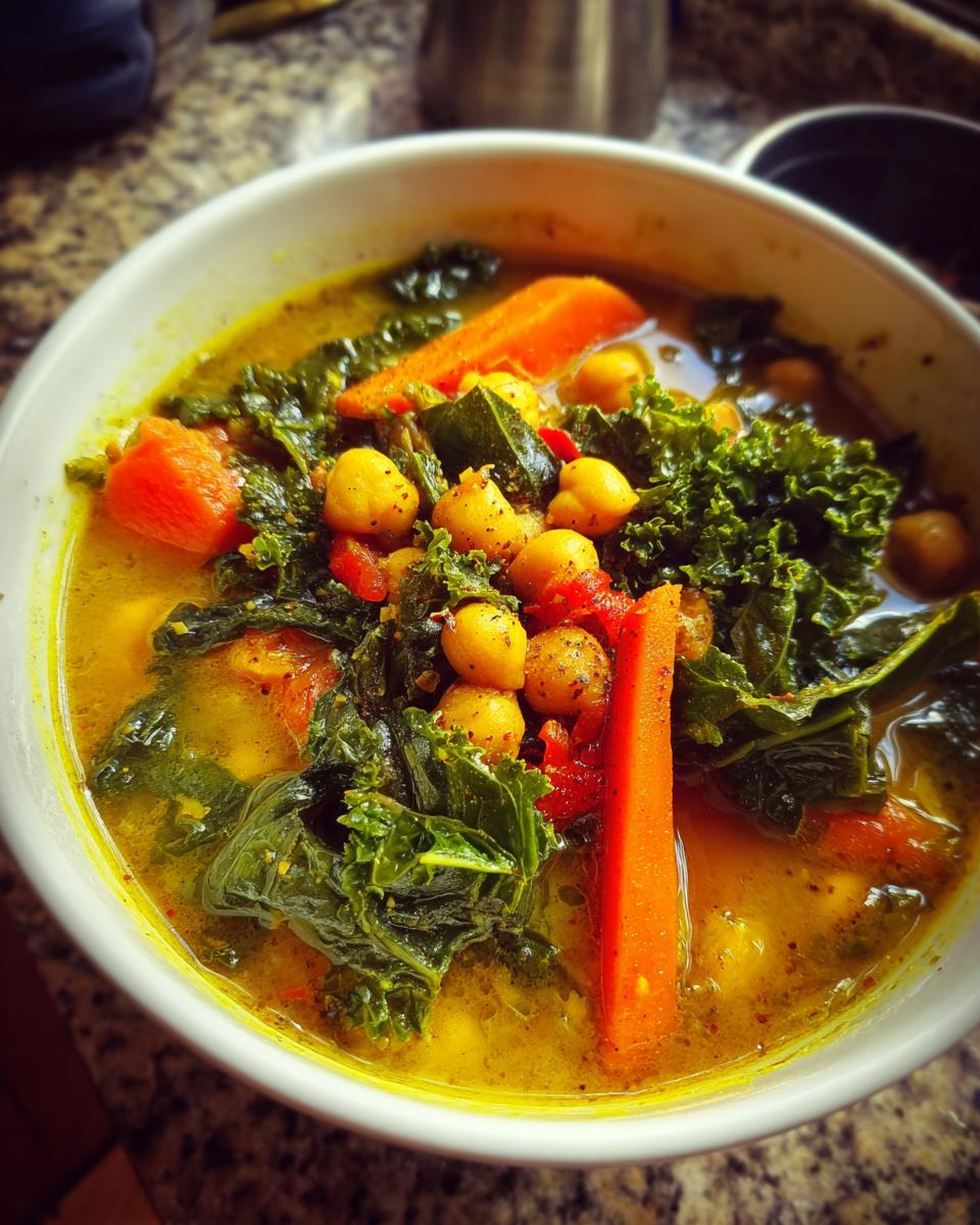 Close-up of a bowl of Immune-Boosting Turmeric Veggie Soup with carrots, chickpeas, and kale.