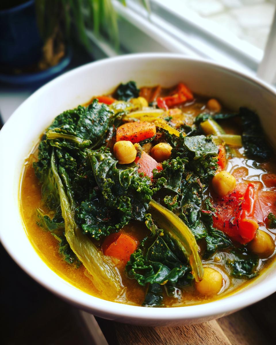 Close-up of a bowl of Immune-Boosting Turmeric Veggie Soup with kale, chickpeas, and carrots.