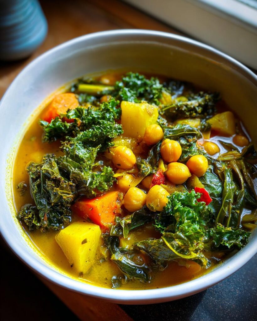 Close-up of a bowl of Immune-Boosting Turmeric Veggie Soup with kale, chickpeas, and vegetables.