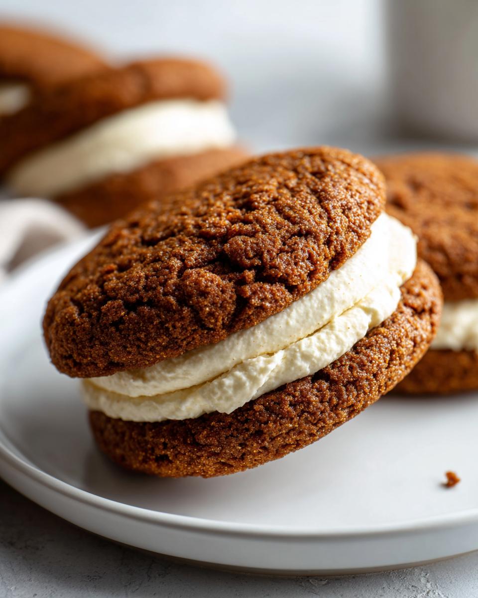 Close-up of an Incredible Gingerbread Oatmeal Cream Pie with thick cream filling between two gingerbread cookies.