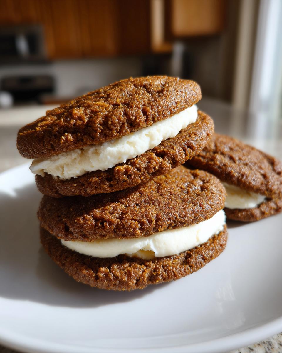 A stack of three Incredible Gingerbread Oatmeal Cream Pies on a white plate, showcasing the creamy filling between two gingerbread cookies.