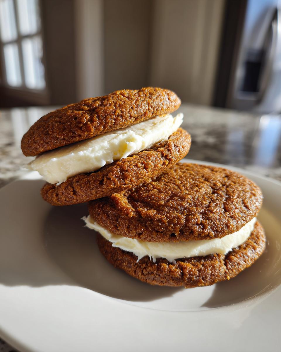 Two Incredible Gingerbread Oatmeal Cream Pies stacked on a white plate, showing the creamy filling between the gingerbread cookies.