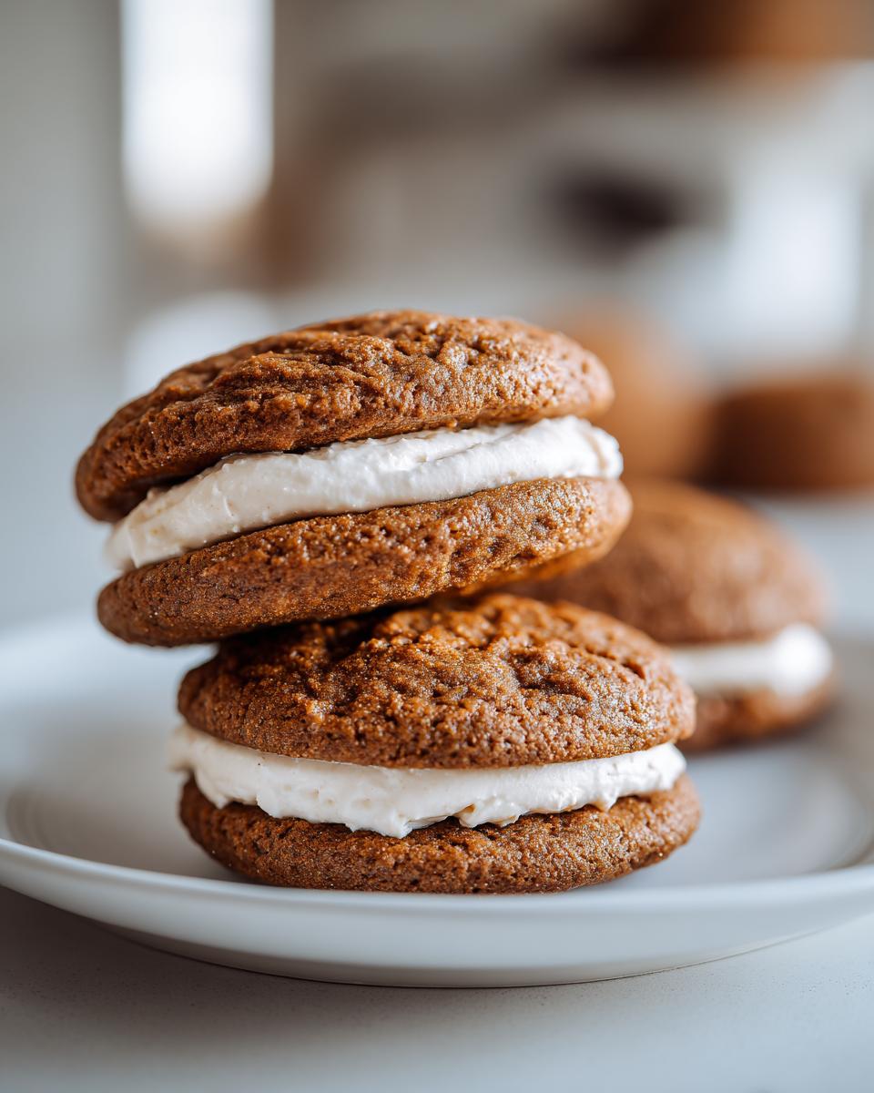 Two Incredible Gingerbread Oatmeal Cream Pies stacked on a white plate, showcasing the creamy filling.