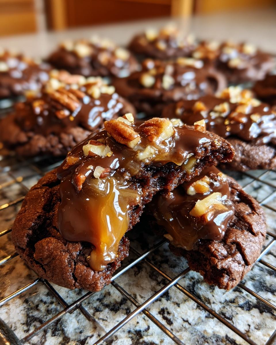 Close-up of an Insanely Delicious Turtle Cookie broken in half, revealing gooey caramel and chocolate filling, topped with pecans.