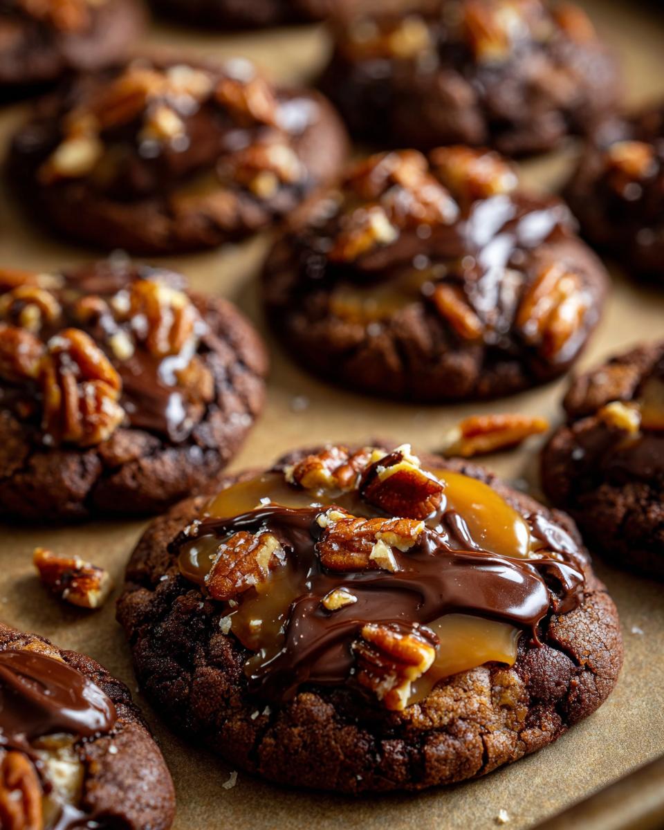 Close-up of Insanely Delicious Turtle Cookies topped with melted chocolate, caramel, and chopped pecans.