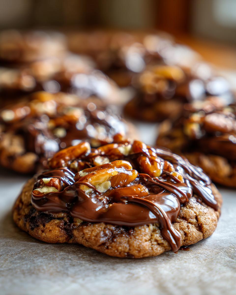 Close-up of an Insanely Delicious Turtle Cookie topped with chocolate and pecans.