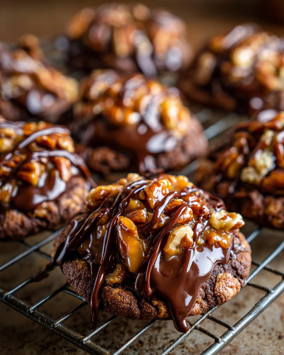 Close-up of an Insanely Delicious Turtle Cookie topped with pecans and drizzled with melted chocolate.