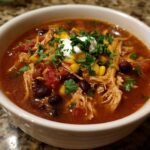 Close-up of a bowl of Instant Pot Chicken Enchilada Soup, topped with sour cream and cilantro.