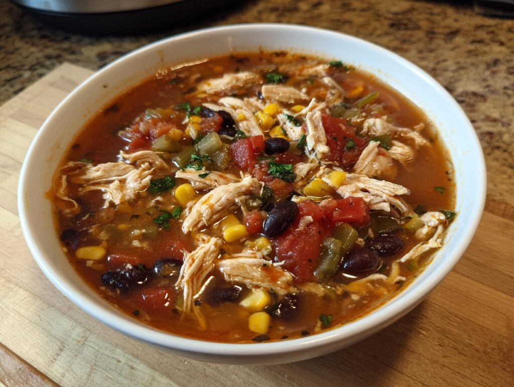 A bowl of Instant Pot Chicken Enchilada Soup with shredded chicken, black beans, corn, and tomatoes.