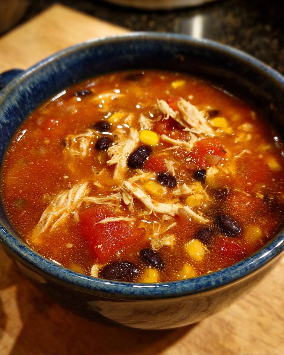 Close-up of a bowl of Instant Pot Chicken Enchilada Soup with chicken, corn, and black beans.