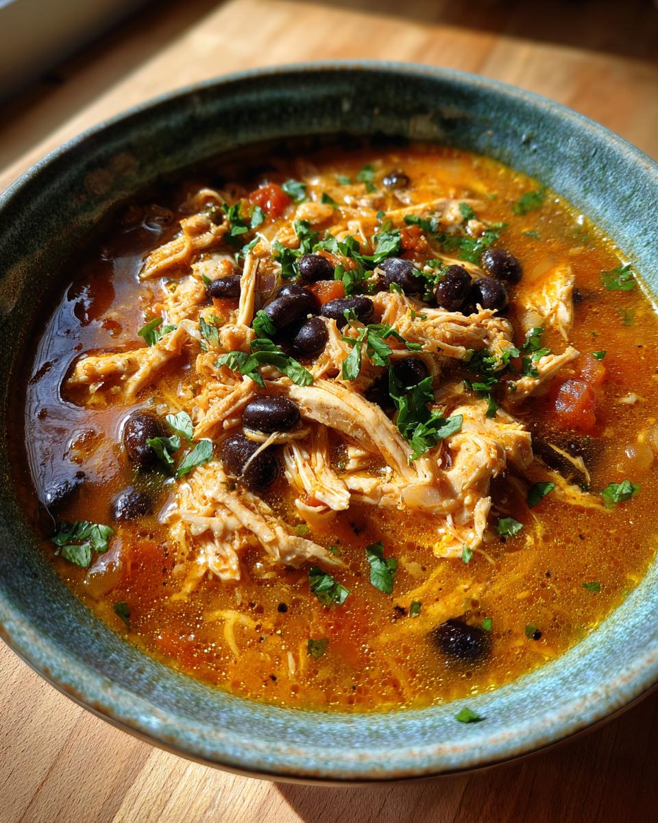 A bowl of flavorful Instant Pot Chicken Enchilada Soup with shredded chicken, black beans, and herbs.