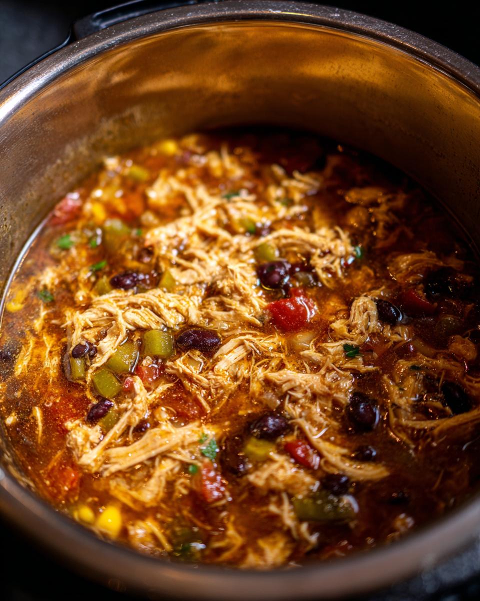 Close-up of Instant Pot Chicken Enchilada Soup with shredded chicken, beans, and vegetables.