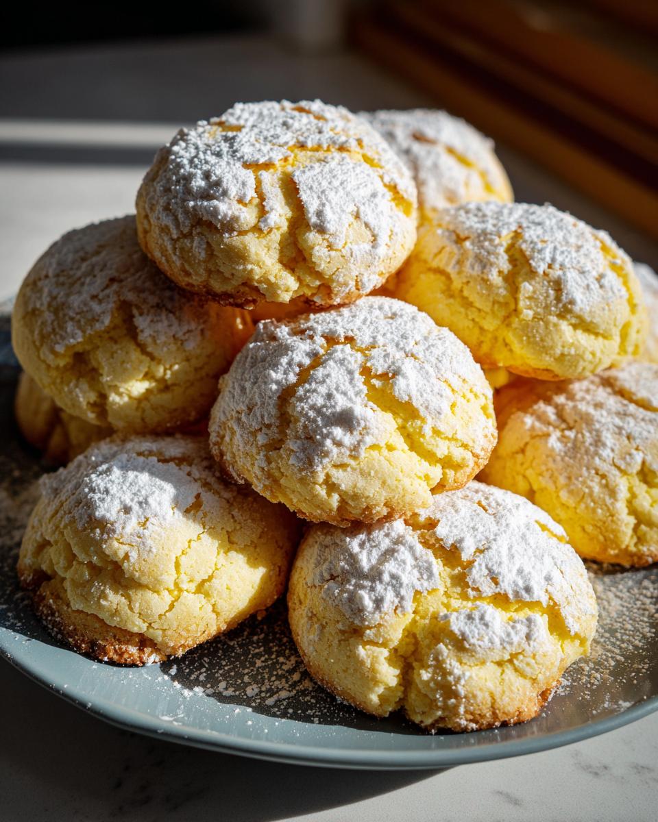 A close-up of a stack of golden Italian Ricotta Cookies dusted generously with powdered sugar.