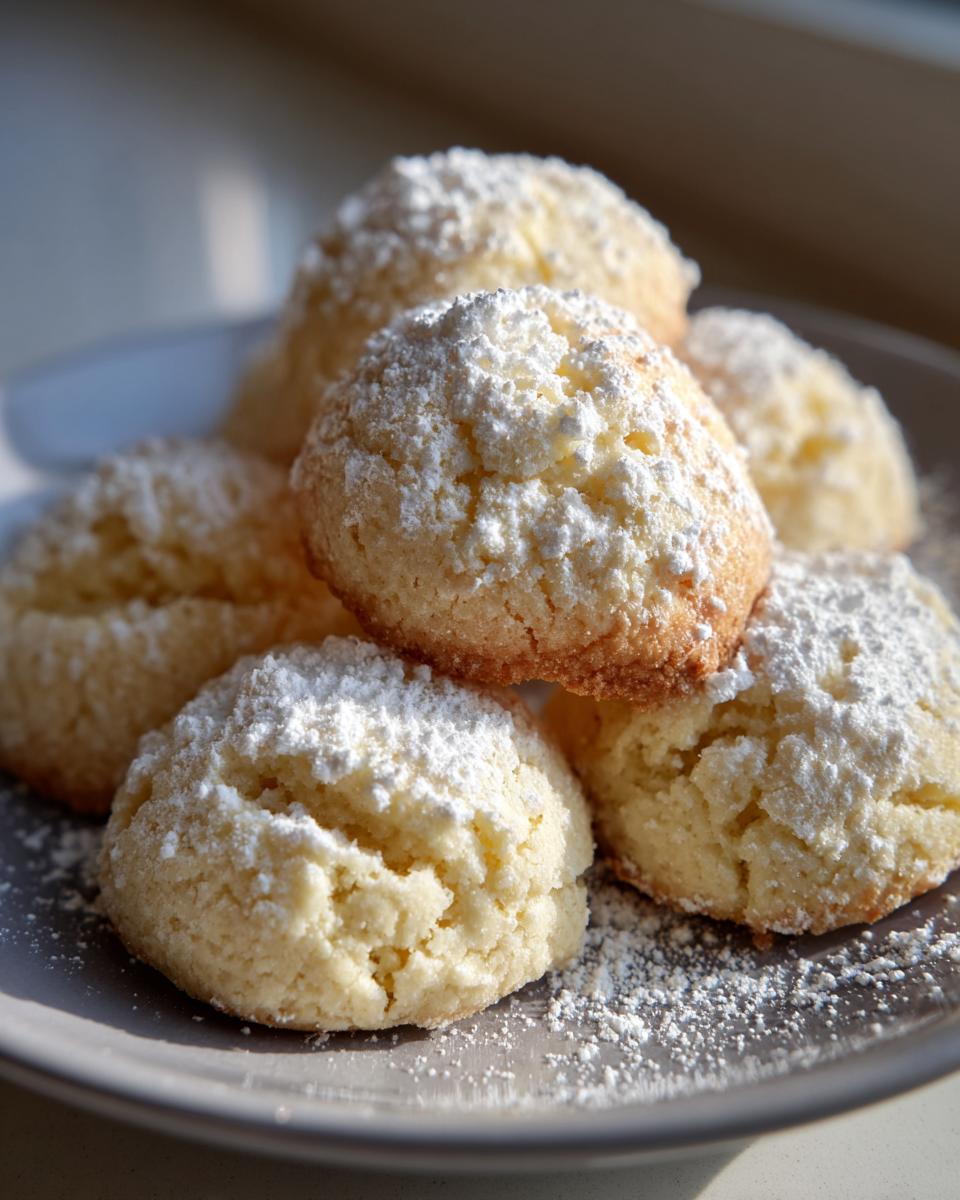 A stack of fluffy Italian Ricotta Cookies dusted with powdered sugar on a gray plate.