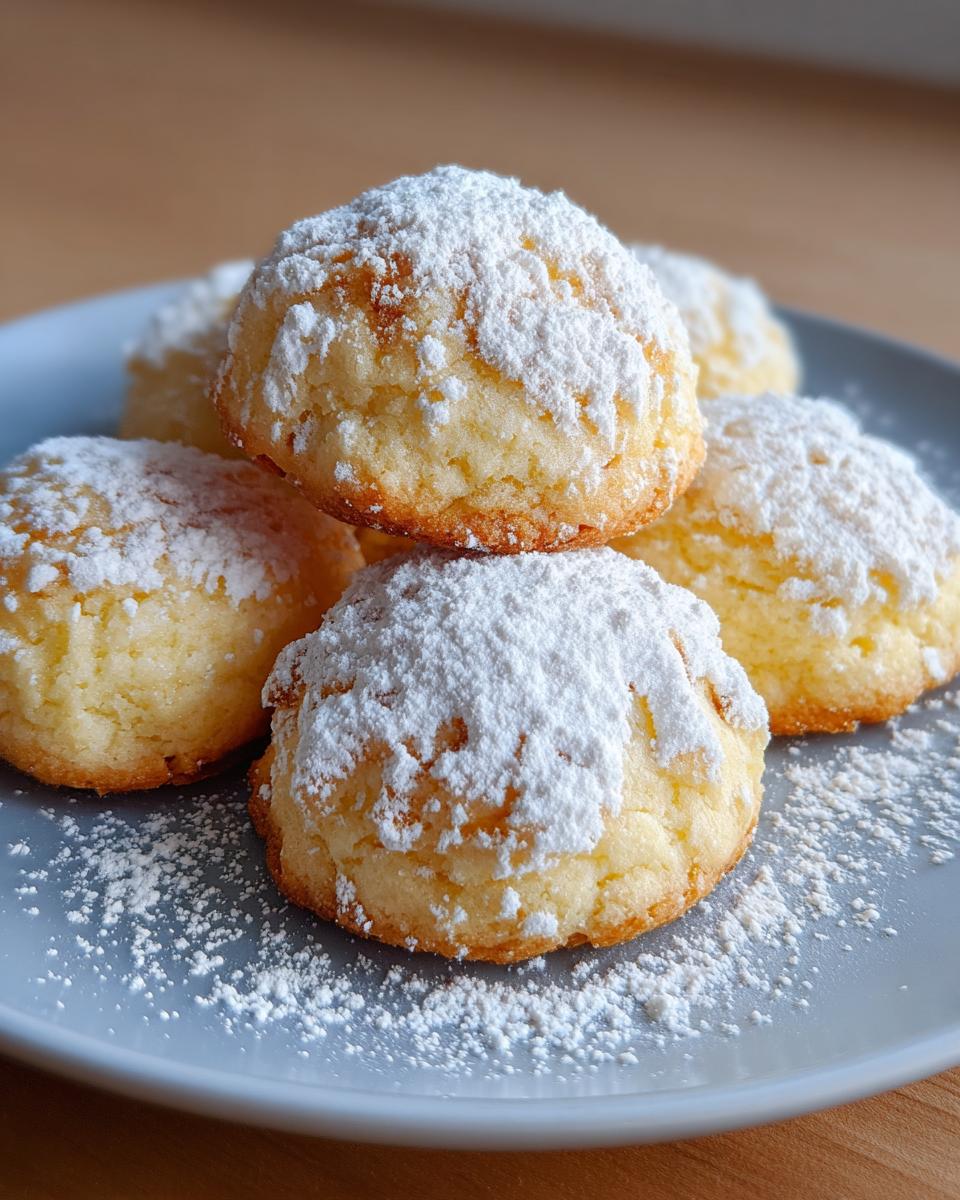 A stack of freshly baked Italian Ricotta Cookies generously dusted with powdered sugar on a gray plate.