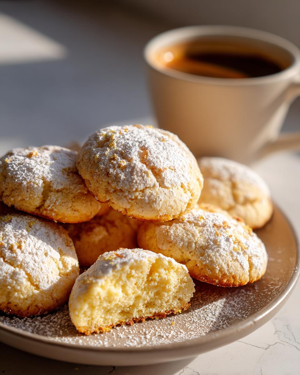 A close-up of a pile of Italian Ricotta Cookies dusted with powdered sugar and lemon zest, with one cookie broken in half.