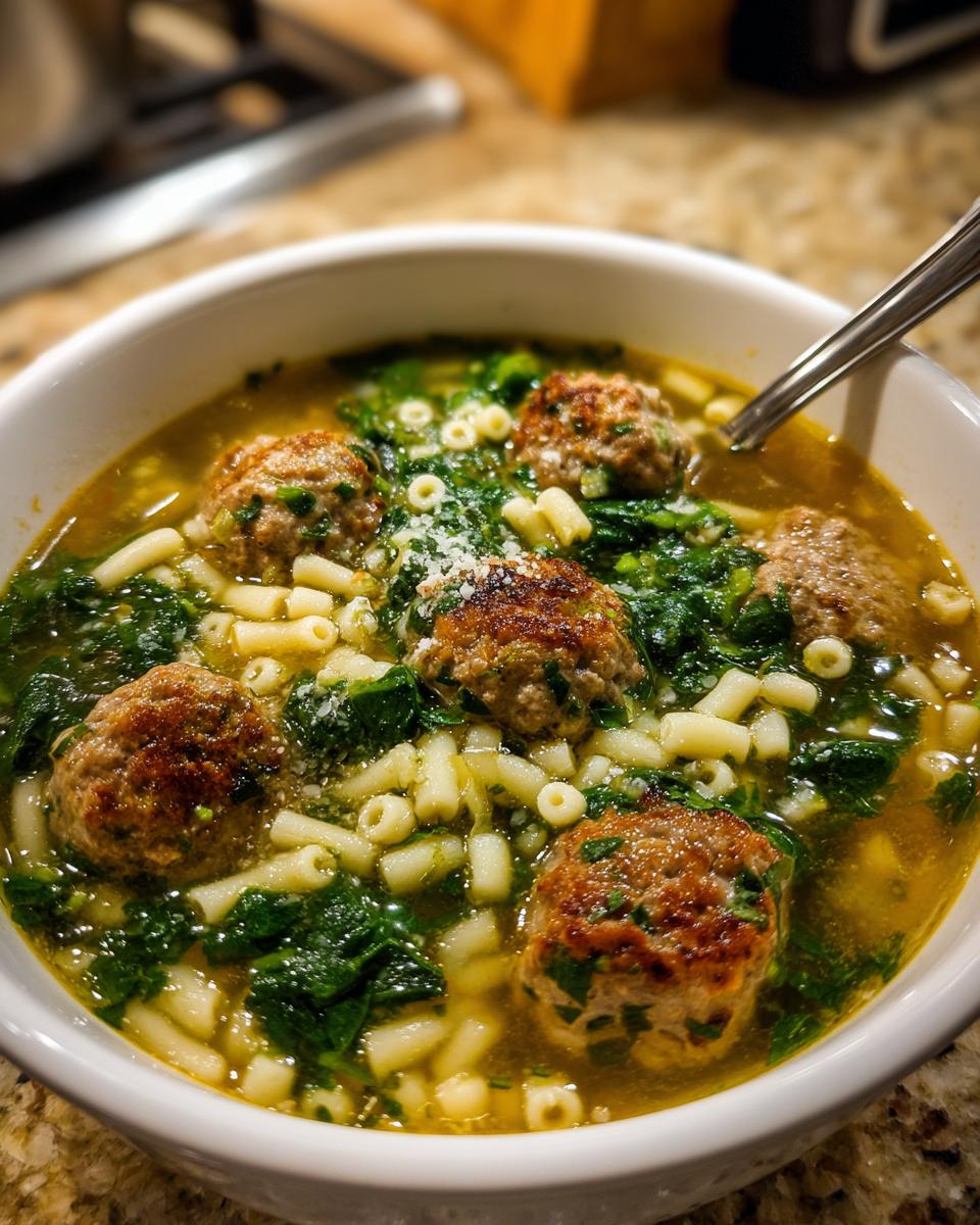 Close-up of a bowl of Italian Wedding Soup with meatballs, pasta, and spinach.