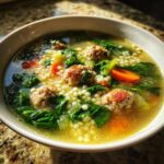 Close-up of a bowl of Italian Wedding Soup with meatballs, vegetables, and pasta.