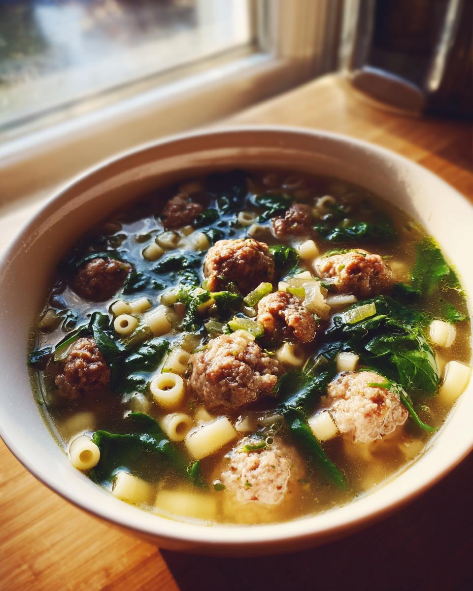 A bowl of delicious Italian Wedding Soup with meatballs, pasta, and spinach.