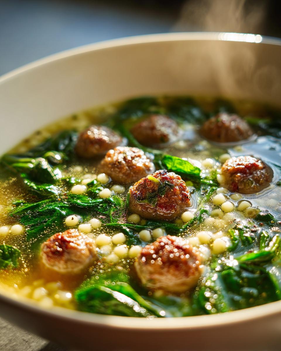 Close-up of Italian Wedding Soup with meatballs, spinach, and pasta. Delicious Italian Wedding Soup.
