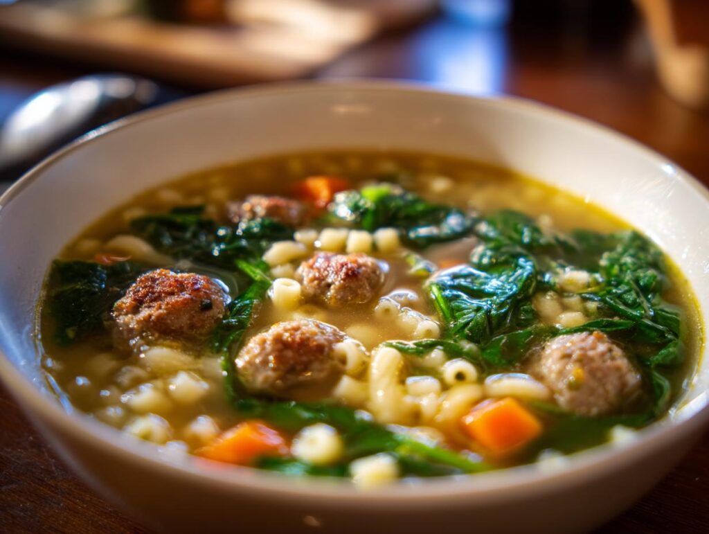 Close-up of a bowl of Italian Wedding Soup with meatballs, pasta, and spinach.