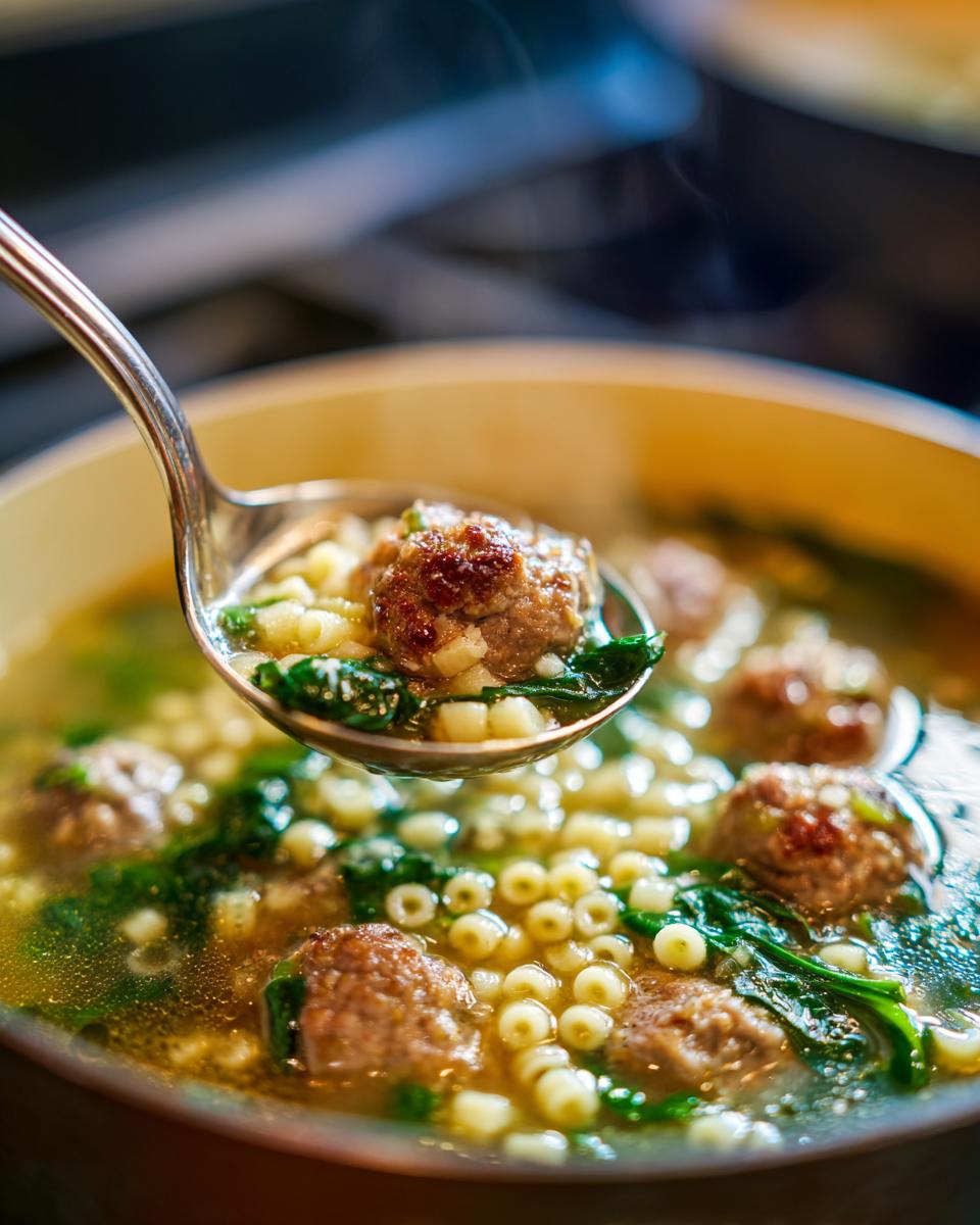 Close-up of Italian Wedding Soup with meatballs, pasta, and spinach, showing a ladle scooping up the soup.