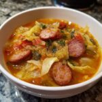 Close-up of a bowl of Keto Cabbage & Sausage Soup, with sausage slices and cabbage.