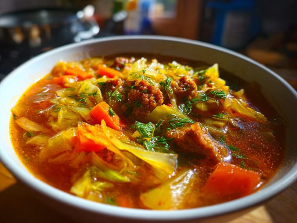 Close-up of a bowl of Keto Cabbage & Sausage Soup, with sausage, cabbage, and carrots.