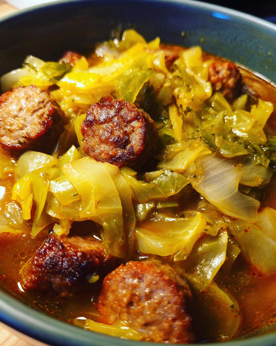 Close-up of a bowl of Keto Cabbage & Sausage Soup with sausage and cabbage.