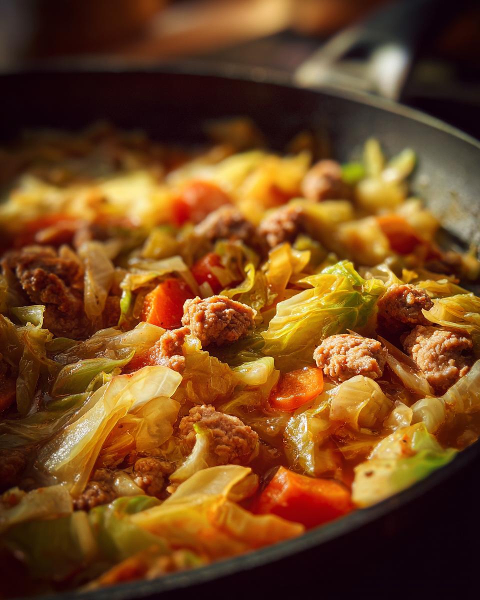 Close-up of Keto Cabbage & Sausage Soup in a pan, with cabbage, sausage, and carrots.