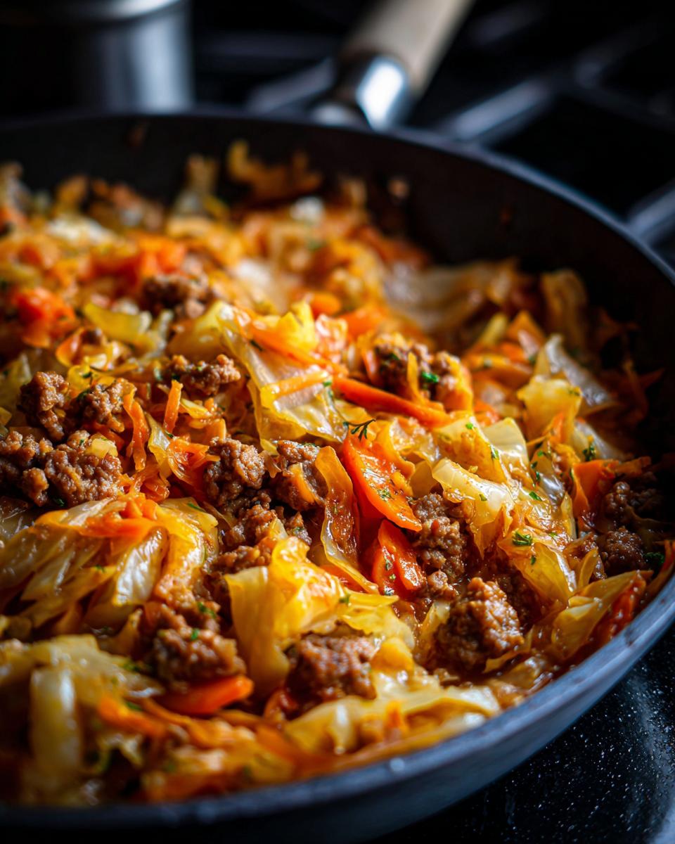 Close-up of Keto Cabbage & Sausage Soup cooking in a pan with cabbage, sausage, and carrots.