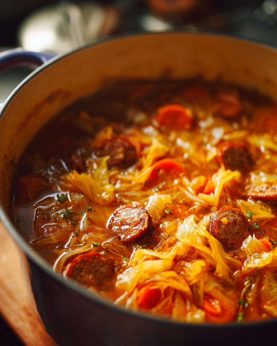 Close-up of Keto Cabbage & Sausage Soup simmering in a pot, with sausage, cabbage, and carrots.