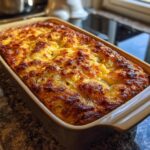 Close-up of a golden-brown Leek Gratin baked in a rectangular dish, ready to serve.
