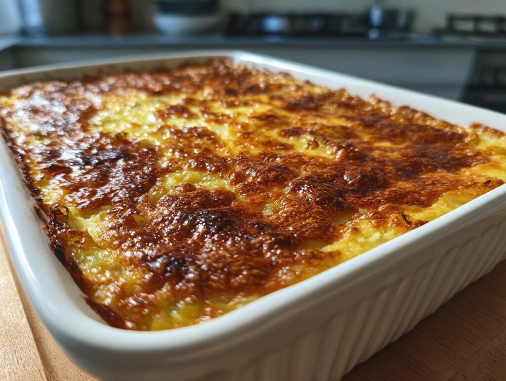 Close-up of a freshly baked Leek Gratin in a white baking dish, showing a golden, bubbly top.
