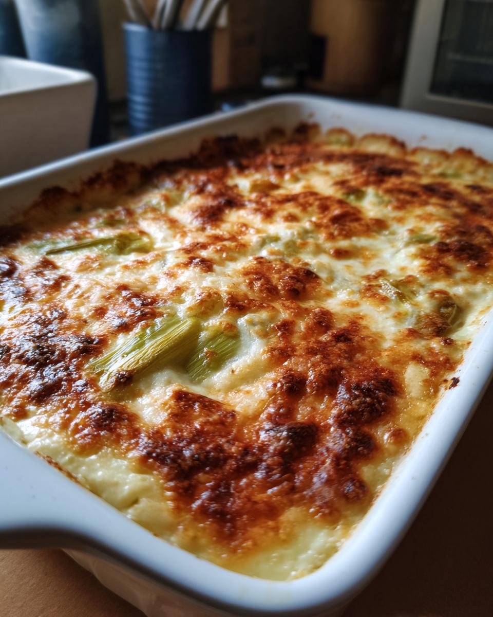 Overhead shot of a baked Leek Gratin in a white baking dish, showing a golden crust.